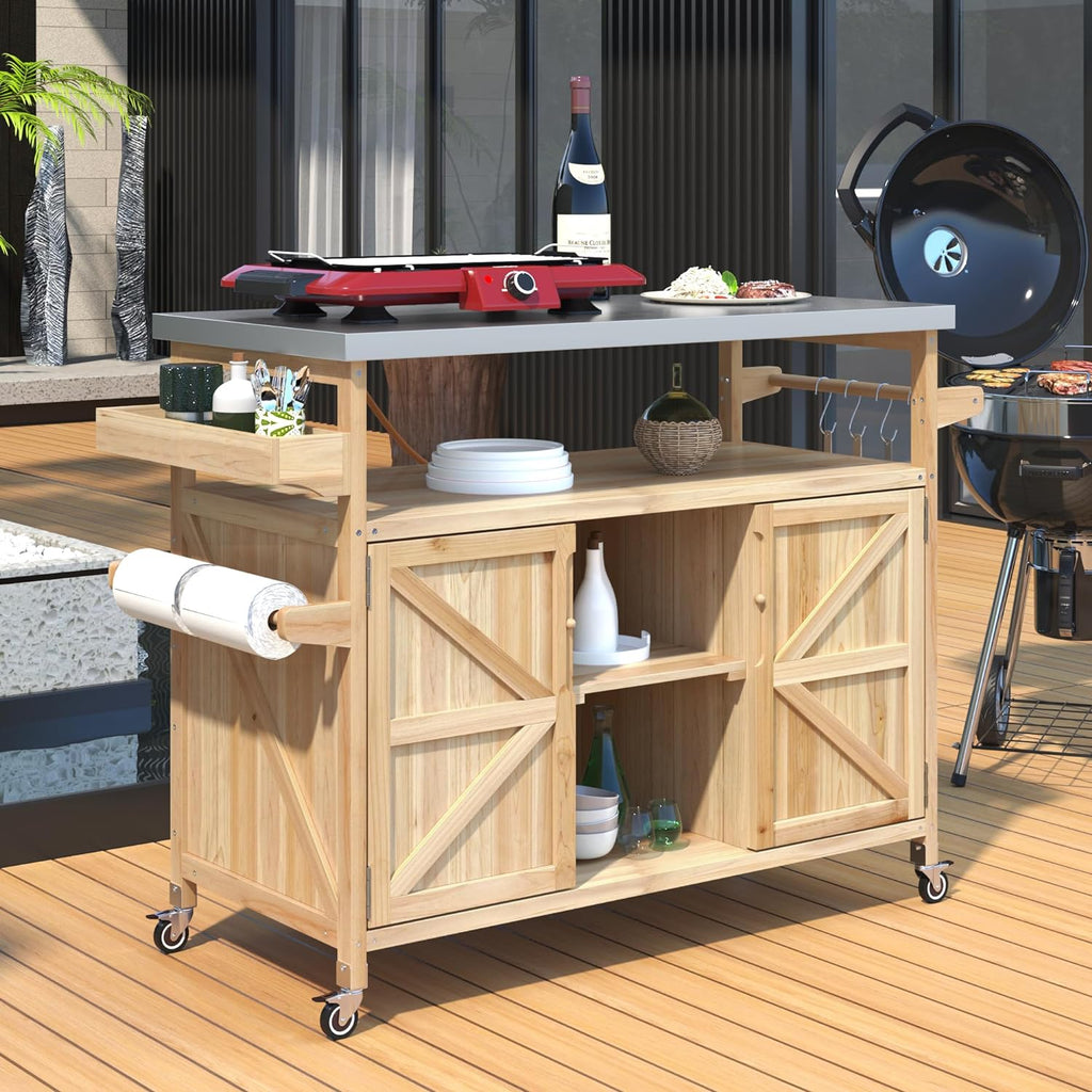 Merax 50' Outdoor Kitchen Grill Cart Island on Wheels with Stainless Steel Top,Farmhouse Style Solid Wood Frame Storage Cabinet for Patio