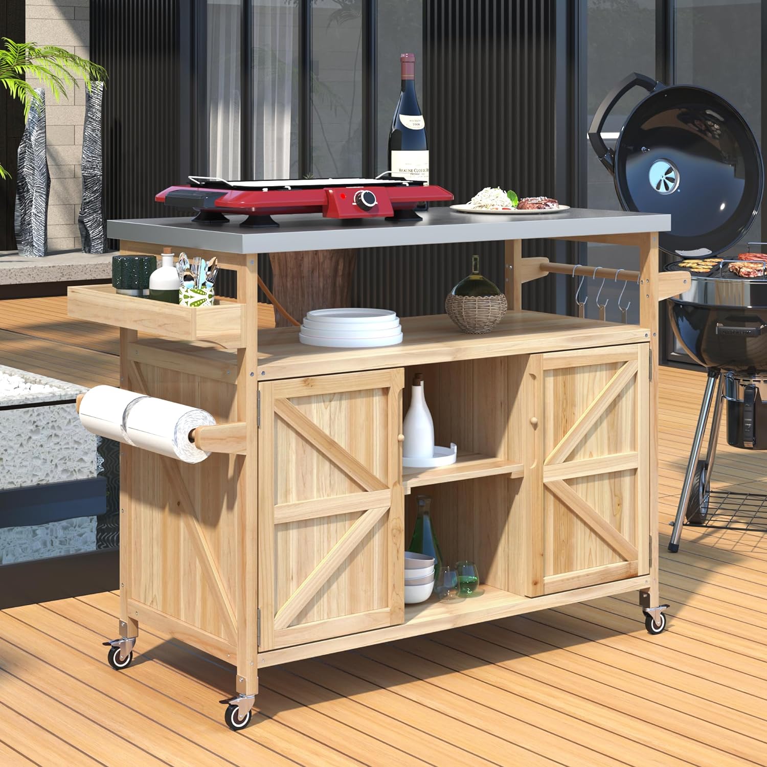 Merax 50' Outdoor Kitchen Grill Cart Island on Wheels with Stainless Steel Top,Farmhouse Style Solid Wood Frame Storage Cabinet for Patio
