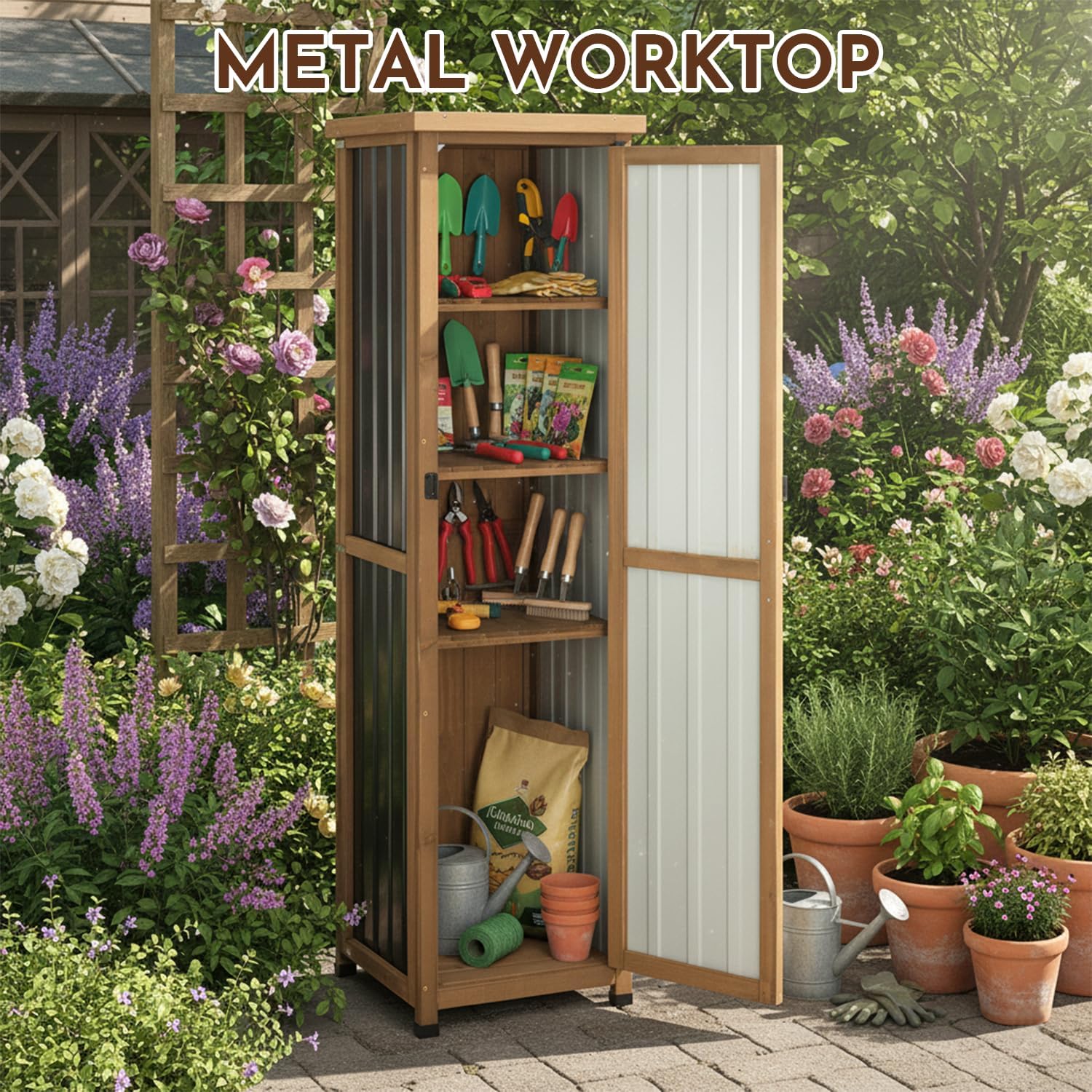 Ketive 62' Tall Outdoor Storage Cabinet, Narrow Garden Storage Cabinet with Adjustable Shelves, Slim Wood & Metal Tool Organizer for Patio, Garden, Porch, Garage or Indoor Storage