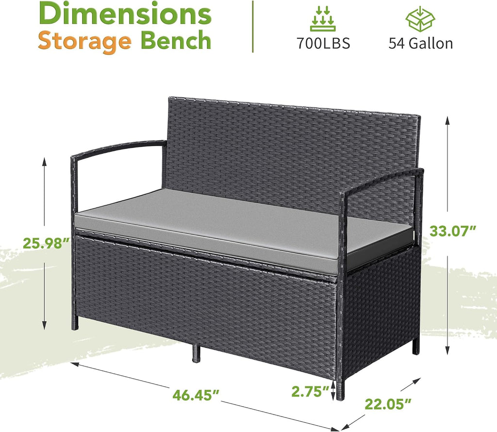 Greesum Patio Loveseat PE Rattan Wicker Outdoor Furniture with Soft Cushions & Built-in Storage Space for Lawn Garden Backyard, Black