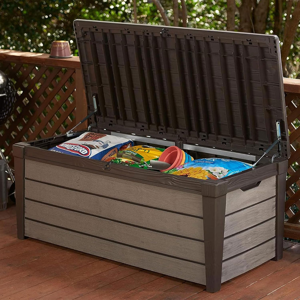 Keter Outdoor Storage Deck Box, for Patio, Backyard & Garden, Brushwood, 120 Gal, Brown - Lockable, Organizing, and Waterproof Plastic Container Bench