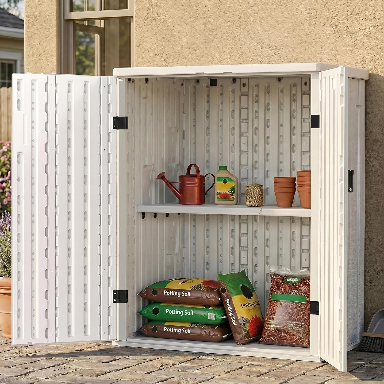 EHHLY Heavy Duty Small Storage Cabinet Outdoor Weatherproof, 14 Cuft Garage Storage Cabinet with 2 Adjustable Shelves, Lockable Kitchen Pantry Closer Organizer, 31Wx23Lx34H, Polar White