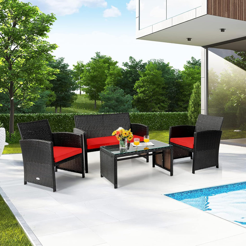 Tangkula 4 Pieces Rattan Furniture Set, Outdoor Conversation Set w/Chair & Loveseat & Tempered Glass Coffee Table, Suitable for Garden, Backyard, Poolside, Patio Furniture Set for 4 (1, Red)