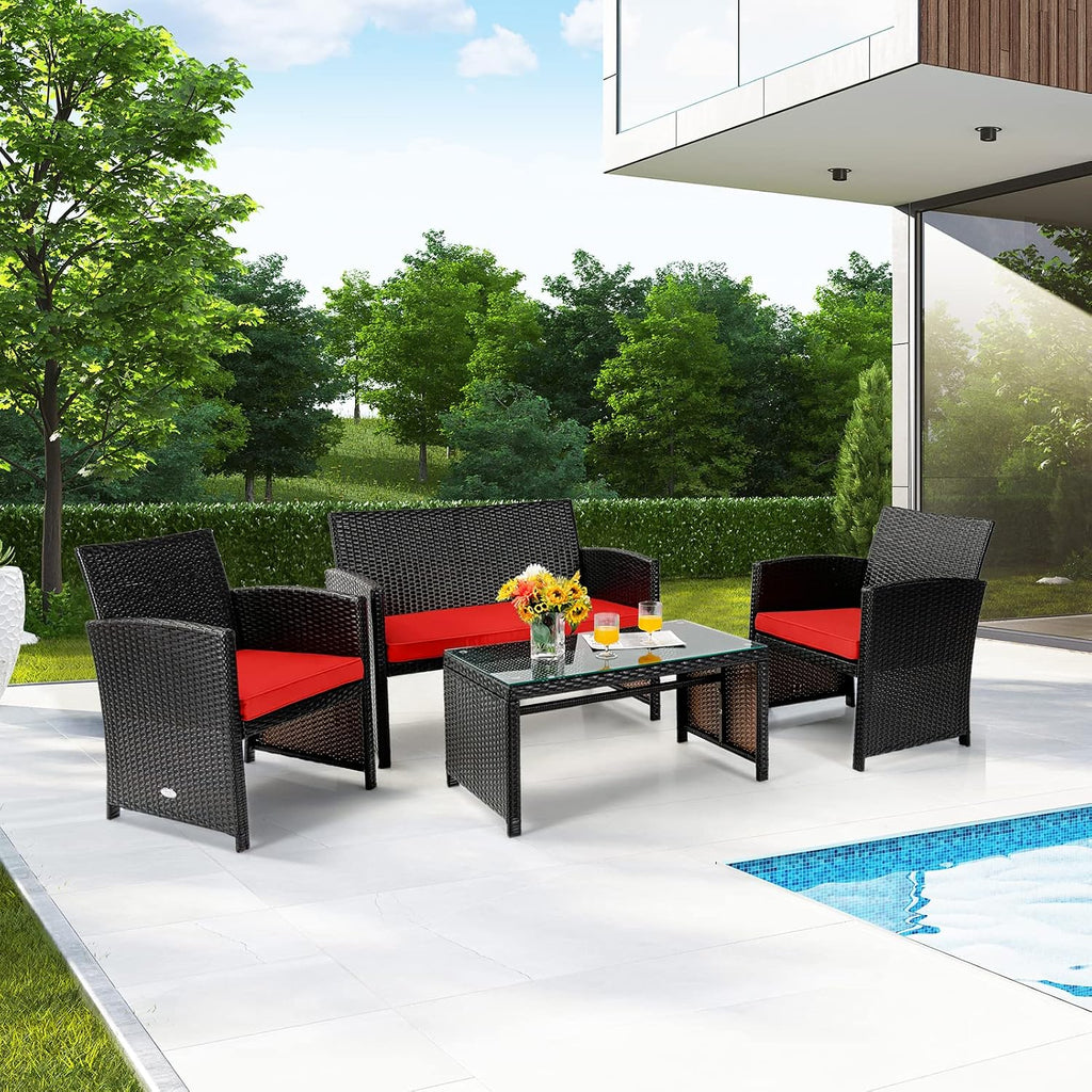 Tangkula 8 Pieces Rattan Furniture Set, Outdoor Conversation Set w/Chair & Loveseat & Tempered Glass Coffee Table, Suitable for Garden, Backyard, Poolside, Patio Furniture Set for 8 (2, Red)