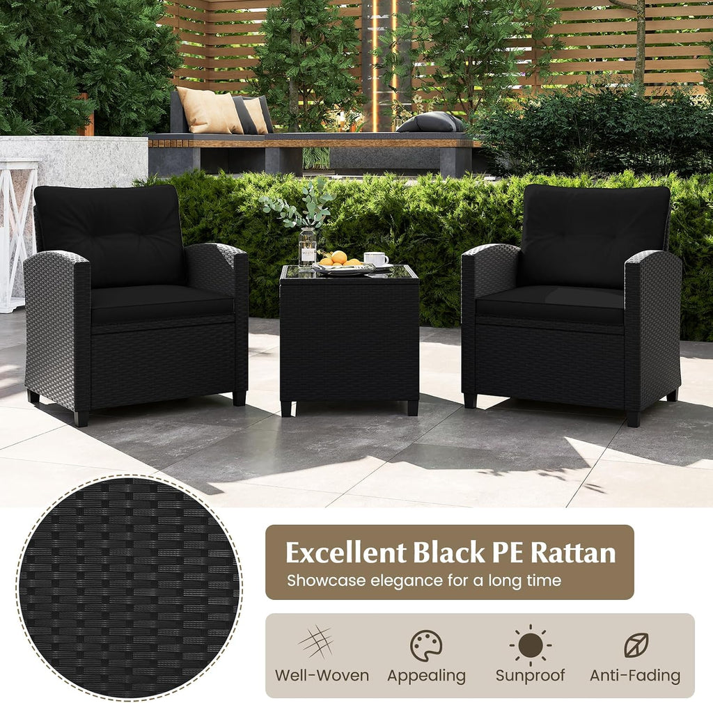 RELAX4LIFE 3-Piece Patio Furniture Set - Wicker Rattan Bistro Sofa Set with Glass Top Coffee Table, Washable Cushions for Porch, Balcony, Backyard, Poolside, Outdoor Conversation Set (Black)