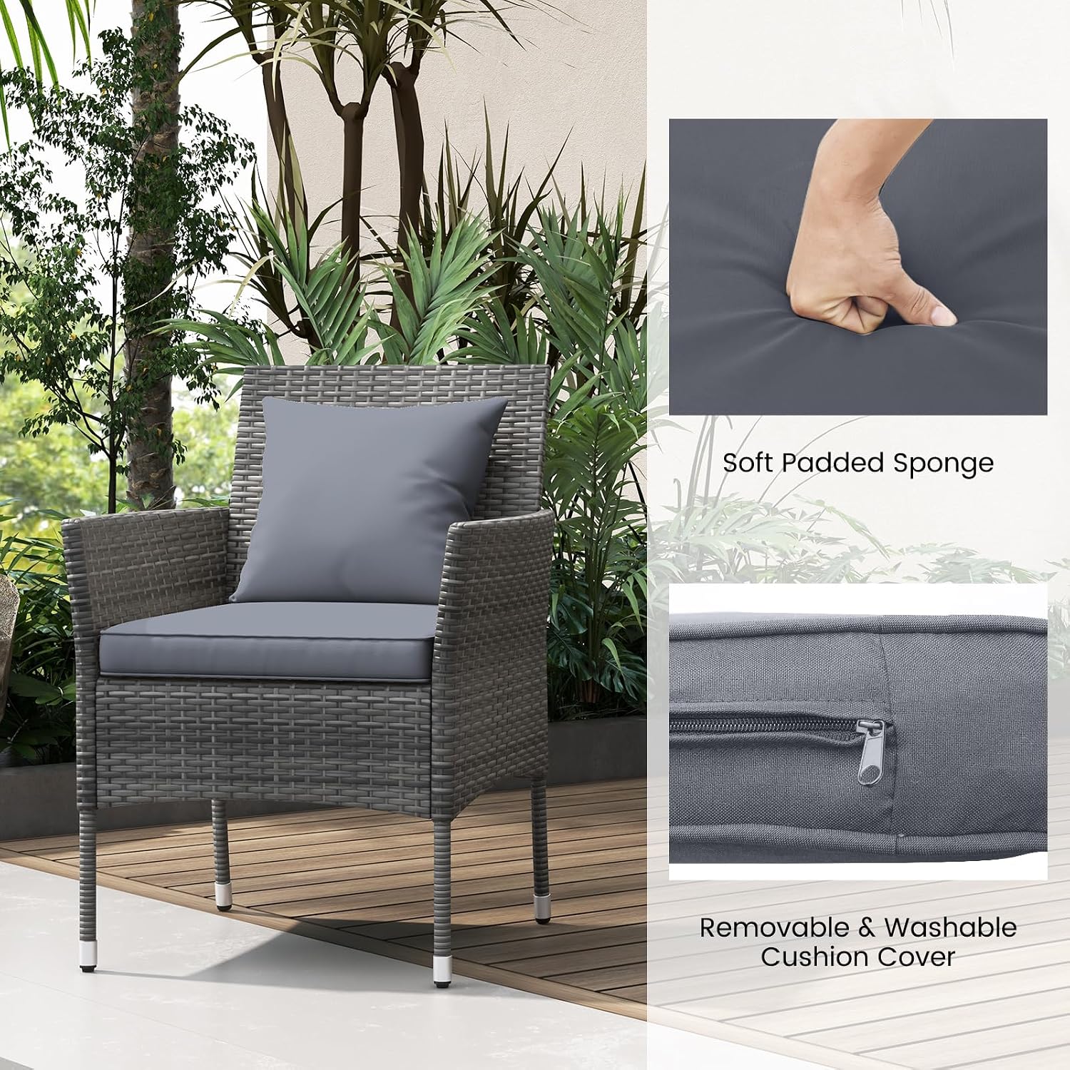 RELAX4LIFE 3-Piece Patio Furniture Set - Rattan Wicker Outdoor Furniture w/Cushions & Tempered Glass Coffee Table, Small Conversation Bistro Table and Chairs Set of 2 for Garden Porch Balcony (Grey)