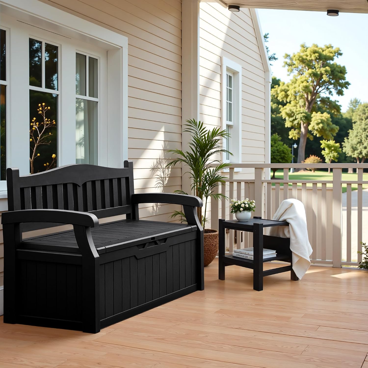 Flamaker 80 Gallon Storage Bench Outdoor Indoor, Durable All-Weather Seating with Hidden Storage, Lockable Deck Box for Garden, Patio, Poolside (Black)
