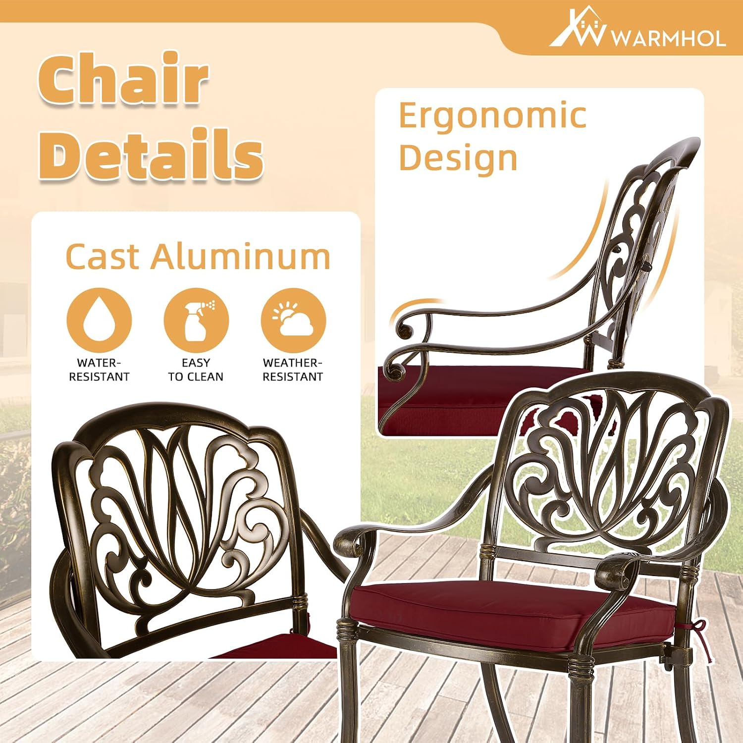 5-Piece Outdoor Patio Dining Set, All-Weather Cast Aluminum Patio Furniture Set for Backyard Garden Deck with 4 Chairs, 4 Cushions and 35.4' Round Table, 2' Umbrella Hole, Red