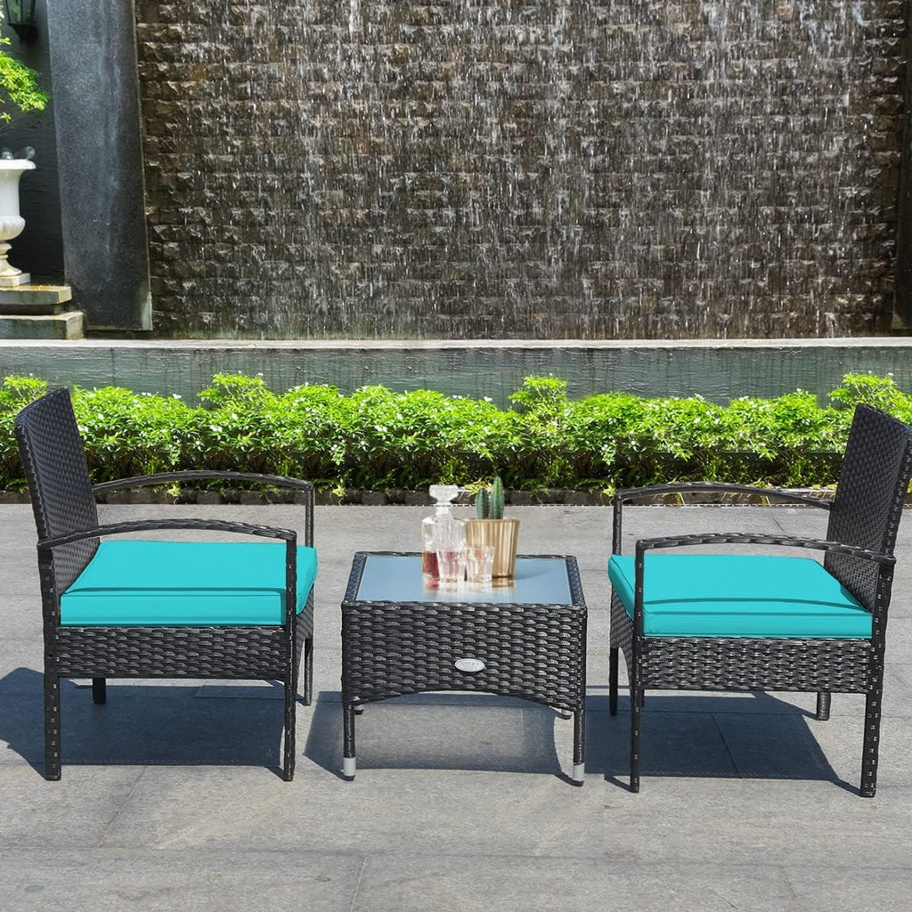 HAPPYGRILL 3 Pieces Patio Furniture Conversation Set, Outdoor Rattan Wicker Bistro Set with Glass Coffee Table & Soft Cushions for Balcony Garden Poolside