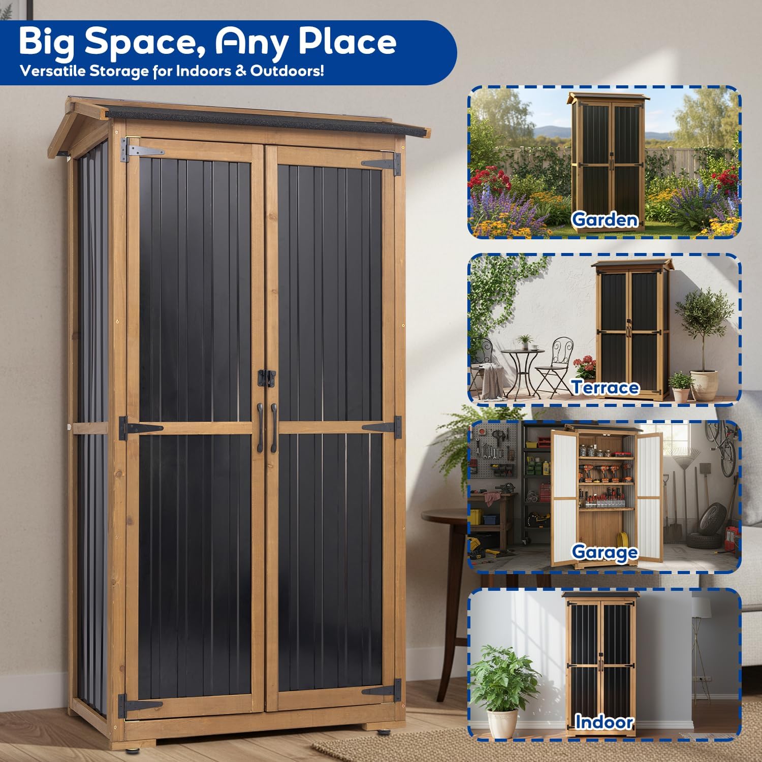 Storage Cabinet Outdoor Garage Cabinets with 3 Adjustable Shelves, Lockable Door, Wood & Metal Weather-Resistant Pantry Cabinet for Patio Garden Home Farm (33.3' Lx 21' Wx 69' H)