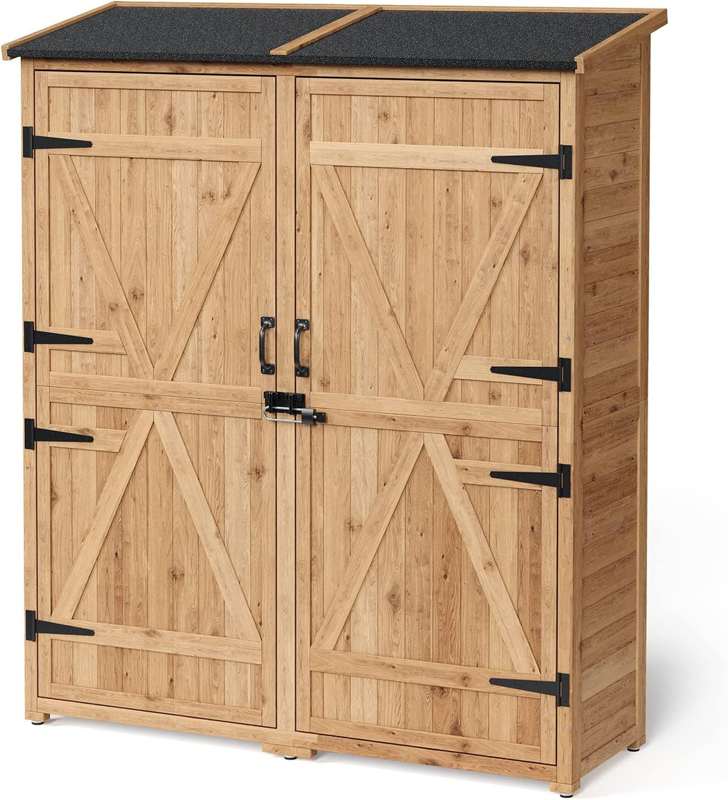 Gizoon Outdoor Storage Cabinet with Waterproof Roof, Double Lockable Doors Garden Shed with 2 Removable Shelves, Wooden Storage Shed with Large Storage Space for Patio, Garden, Backyard, Lawn