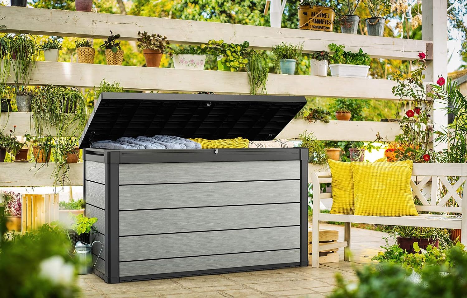 Keter Denali 200 Gallon Resin Large Deck Box with Double Wall 20mm Panels - Paintable and Drillable-Organization and Storage for Patio Furniture and Outdoor Items, Grey & Black
