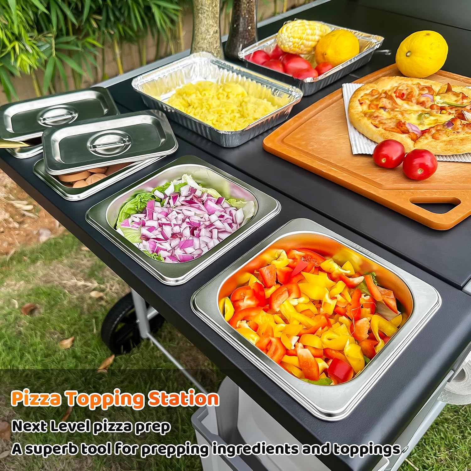 Pizza Oven Table Grill Cart with Pizza Topping Station Movable Food and Prep Workcart Outdoor Grill Table Stand for Ninja Woodfire Blackstone Griddle Cuisinart etc Grill, Barbecue tool set