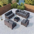 Kullavik 9 Pieces Outdoor Patio Furniture Set,Outdoor Sectional Rattan Sofa Set Brown PE Rattan Wicker Patio Conversation Set with Tempered Glass Coffee Table and Washable Cushions Covers,Grey