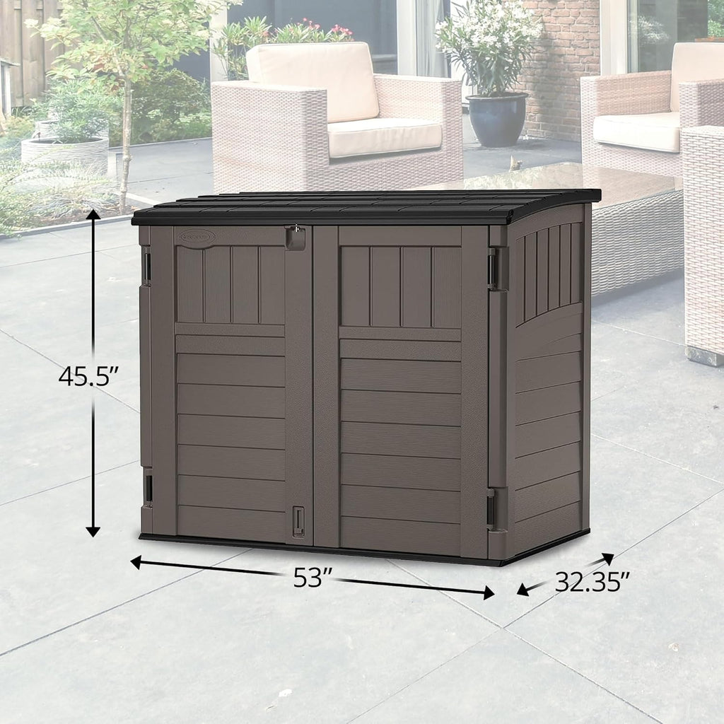 Suncast 34 Cu Ft Horizontal Resin Storage Shed - Outdoor Storage Shed with Floor Included, Lockable, Weatherproof, Fits Small to Medium Trash Cans, Generators, & Garden Tools, Stoney Black