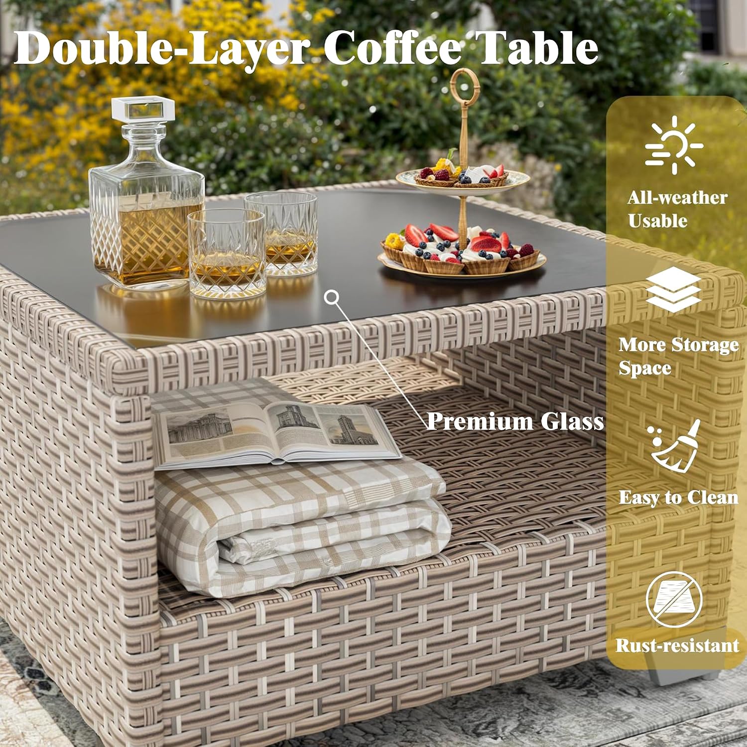 8 Pieces Patio Furniture Set with Fire Pit Table, Outdoor Sectional Wicker Sofa with Thick Cushions and Storage Coffee Table, Rattan Patio Conversation Sets, Navy
