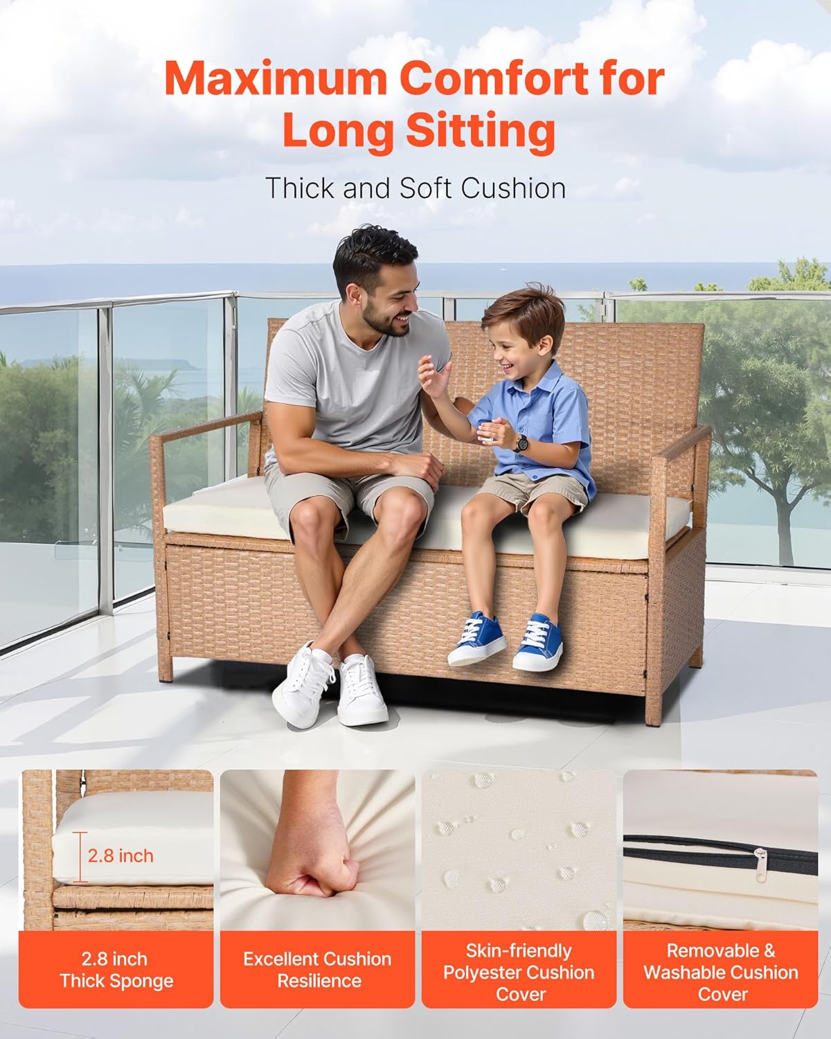 VEVOR Outdoor Storage Bench, 2-Person PE Rattan Storage Bench, 70 Gal Deck Box with Cushion, Supports up to 265 lbs, Outdoor Seating & Porch Decor for Patio Garden Balcony Yard