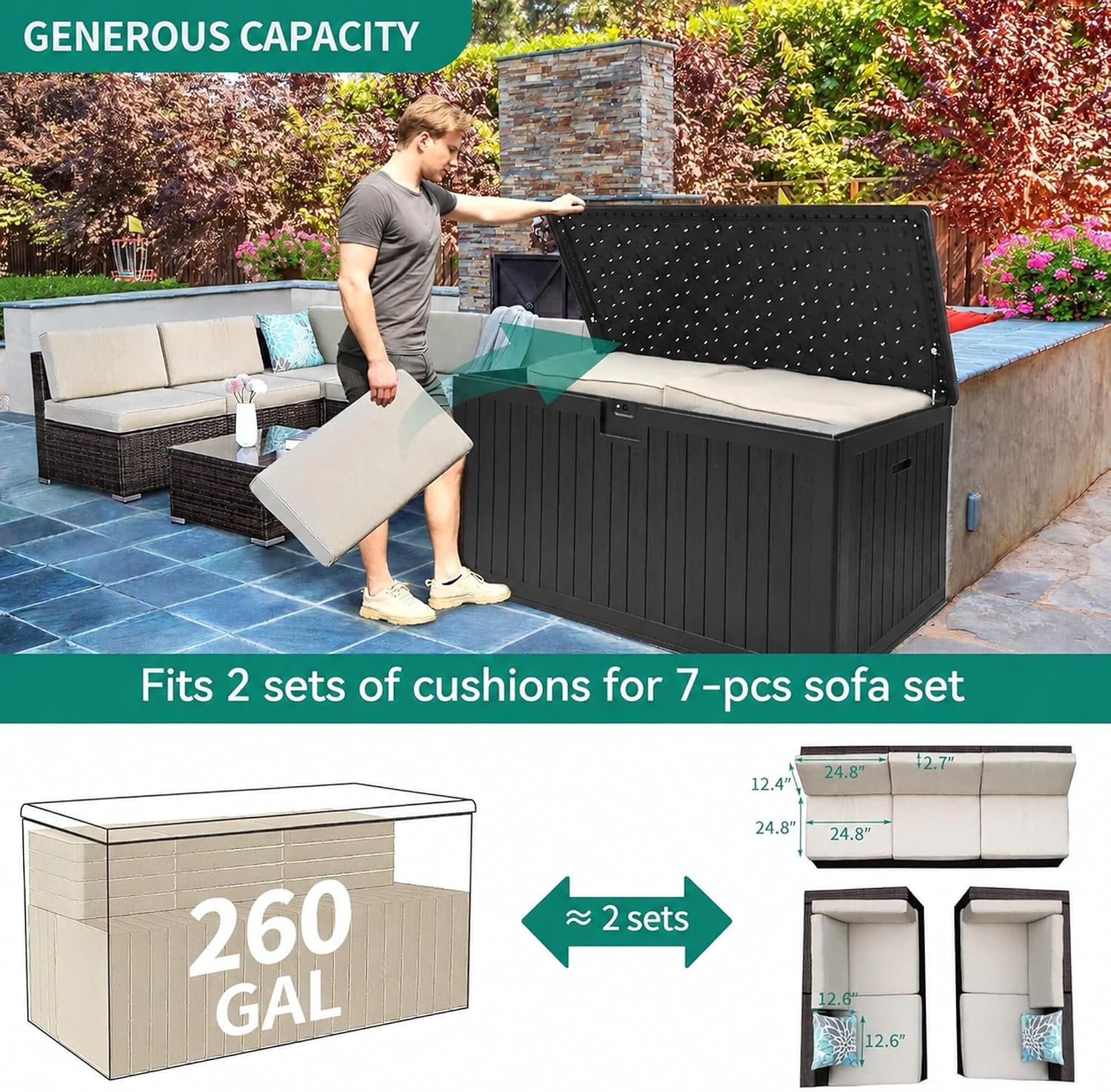 YITAHOME XXL 260 Gallon Large Deck Box,Outdoor Storage for Patio Furniture Cushions,Garden Tools with Flexible Divider,Waterproof,Lockable (Black)