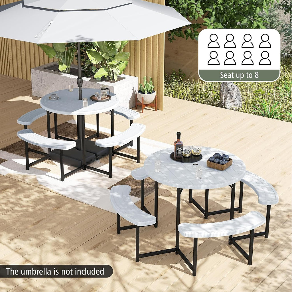 Giantex Picnic Table Bench Set for 4-8 Person, Round 37' Outdoor Dining Table w/Umbrella Hole, HDPE Tabletop, Metal Frame, Patio Furniture Set for Backyard Porch Lawn, 1400lb Capacity (White,Round)