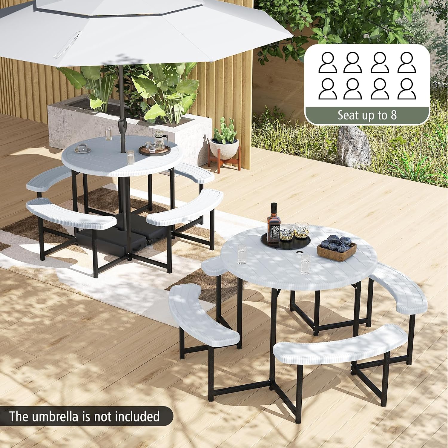 Giantex Picnic Table Bench Set for 4-8 Person, Round 37' Outdoor Dining Table w/Umbrella Hole, HDPE Tabletop, Metal Frame, Patio Furniture Set for Backyard Porch Lawn, 1400lb Capacity (White,Round)
