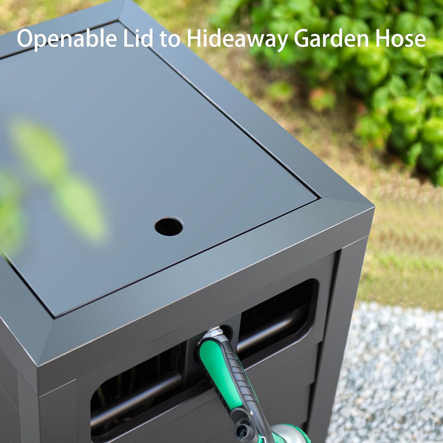 AQUAZILLA Metal Garden Hose Reel Deck box, Durable Steel Garden Hose Storage Box Cabinet, 150ft 5/8' Garden Hose Capacity. - Hose guide Manual Rewind, No-leak aluminum water connections