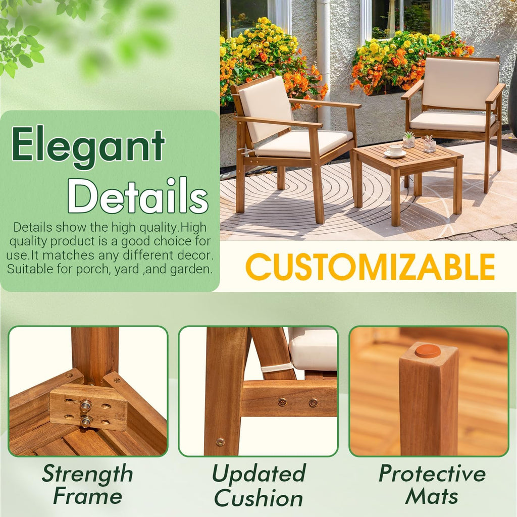 Greesum Outdoor Patio Furniture, 3 Piece Bistro Sofa Set with 1 Coffee Table and 2 Chairs, Acacia Wood Conversation Sets with Cushions, for Garden, Backyard, Poolside, White