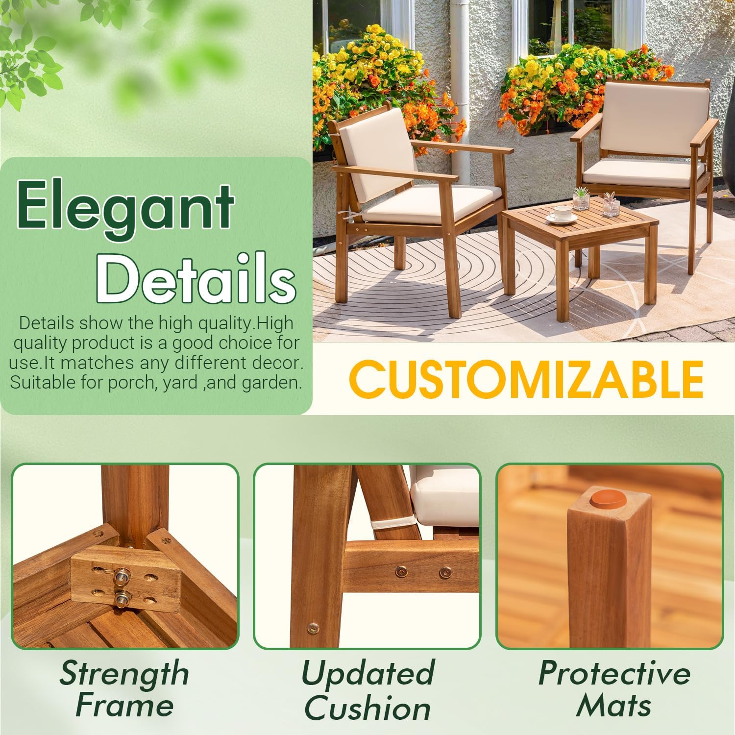 Greesum Outdoor Patio Furniture, 3 Piece Bistro Sofa Set with 1 Coffee Table and 2 Chairs, Acacia Wood Conversation Sets with Cushions, for Garden, Backyard, Poolside, White
