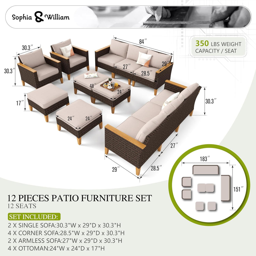 Sophia & William Large Outdoor Patio Furniture Set High Back 12 Piece Wicker Rattan Patio Sectional Sofa Furniture Conversation Set with Single Sofa Chairs, Ottomans,Clips & 4' Thick Cushions, Beige