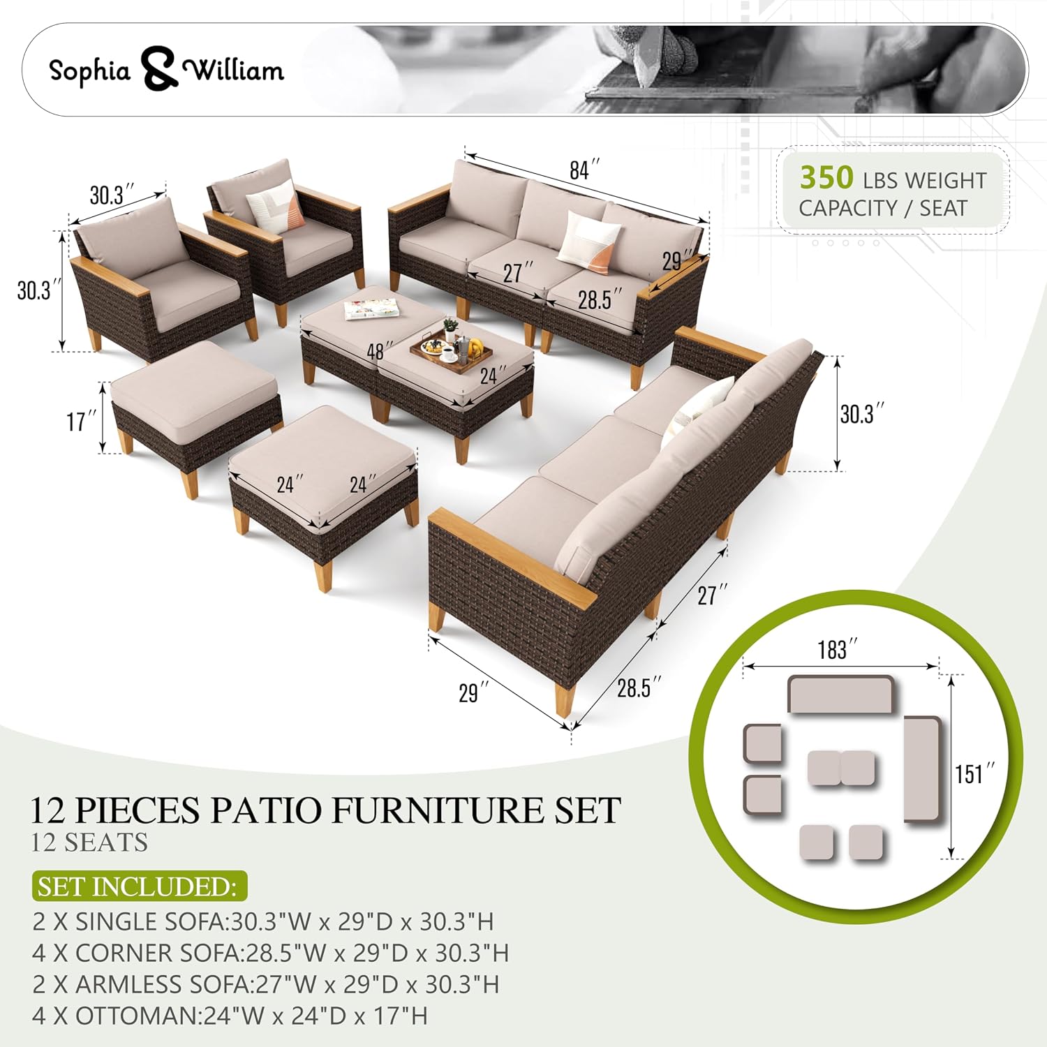 Sophia & William Large Outdoor Patio Furniture Set High Back 12 Piece Wicker Rattan Patio Sectional Sofa Furniture Conversation Set with Single Sofa Chairs, Ottomans,Clips & 4' Thick Cushions, Beige
