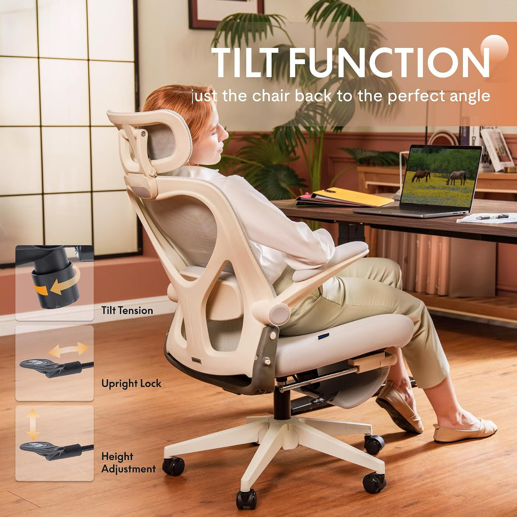 FLEXISPOT Foldex Ergonomic Office Chair, Folding Chair for Small Spaces with Lumbar Support, Flip-up Armrests, 3D Headrest, Desk Chairs with Footrest for Work,Video Game (Foam Seat, Cream)