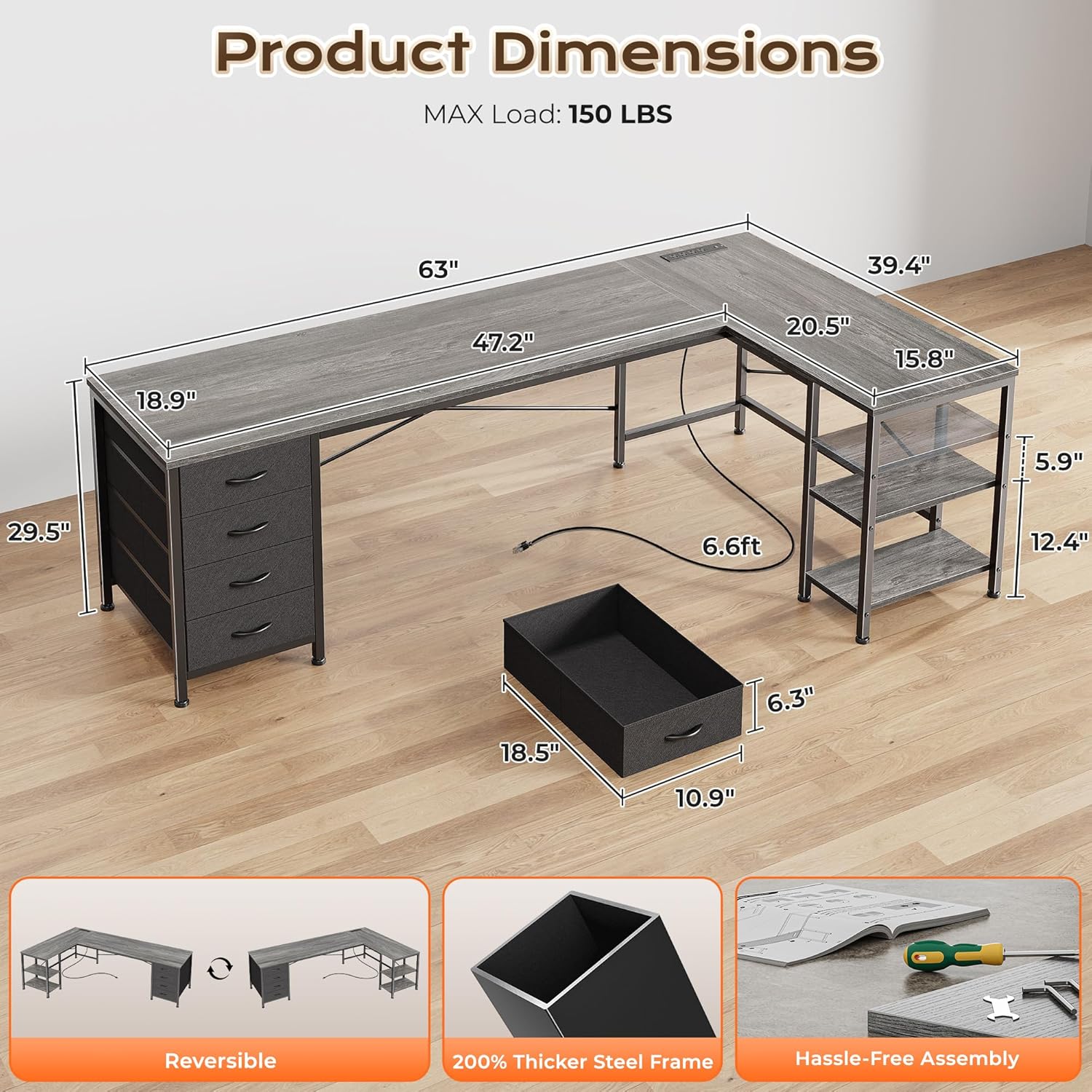 Huuger 63 Inch L Shaped Desk with Fabric Drawers, Reversible Computer Gaming Desk with Power Outlets and USB-C Port, Adjustable Side Storage Shelves, for Work Study Corner Home Office, Grey