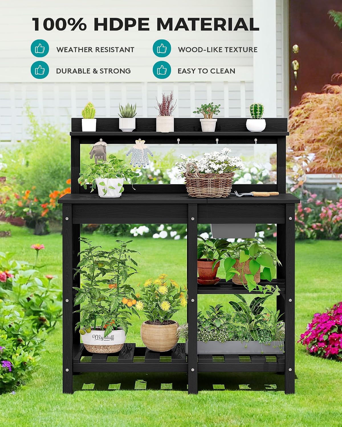 SERWALL Outdoor Potting Bench with Removeable Sink,Rot-Resistant HDPE Potting Table for Outside Gardening, All Weather Use - Black