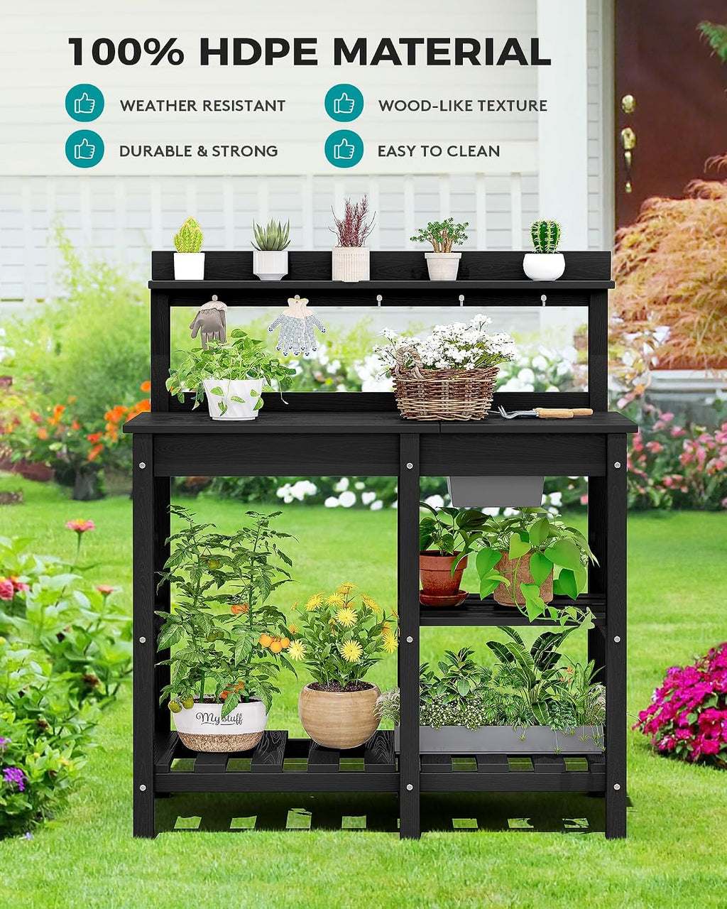 SERWALL Outdoor Potting Bench 2-Piece Set, Rot-Resistant HDPE Potting Table with Removable Sink for Outside Gardening, All-Weather Use - Black