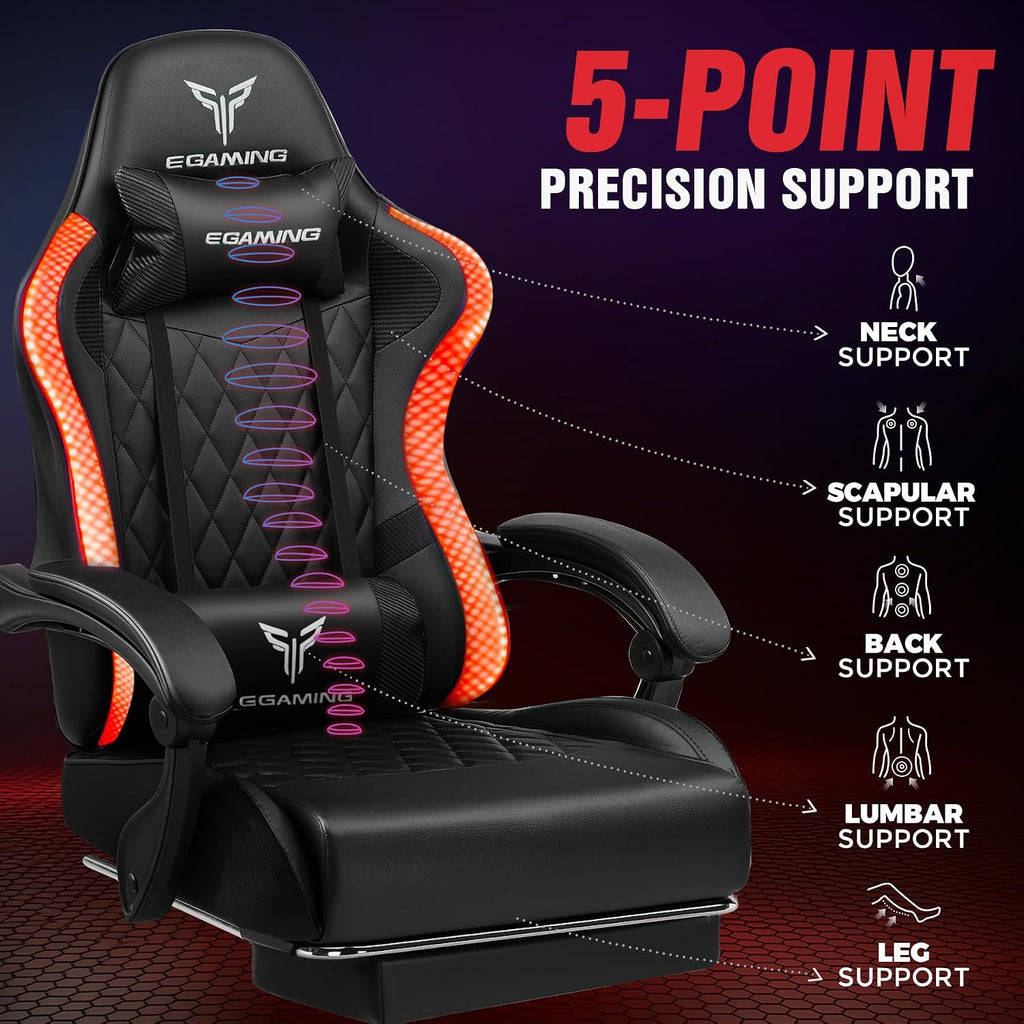 EXRACING Gaming Chair with Footrest Ergonomic High-Back PU Leather Computer Chair with RGB LED Lights Linkage Armrests Lumbar Support and Headrest 150°Reclining Diamond Quilted Office Chair for Adults