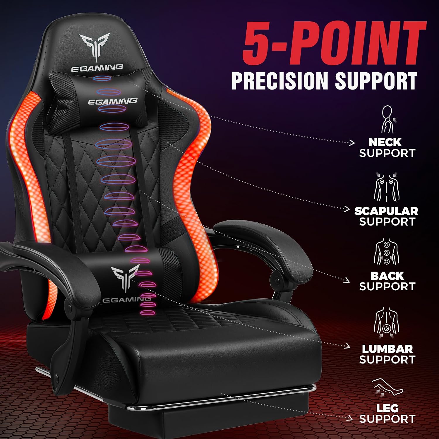 EXRACING Gaming Chair with Footrest Ergonomic High-Back PU Leather Computer Chair with RGB LED Lights Linkage Armrests Lumbar Support and Headrest 150°Reclining Diamond Quilted Office Chair for Adults