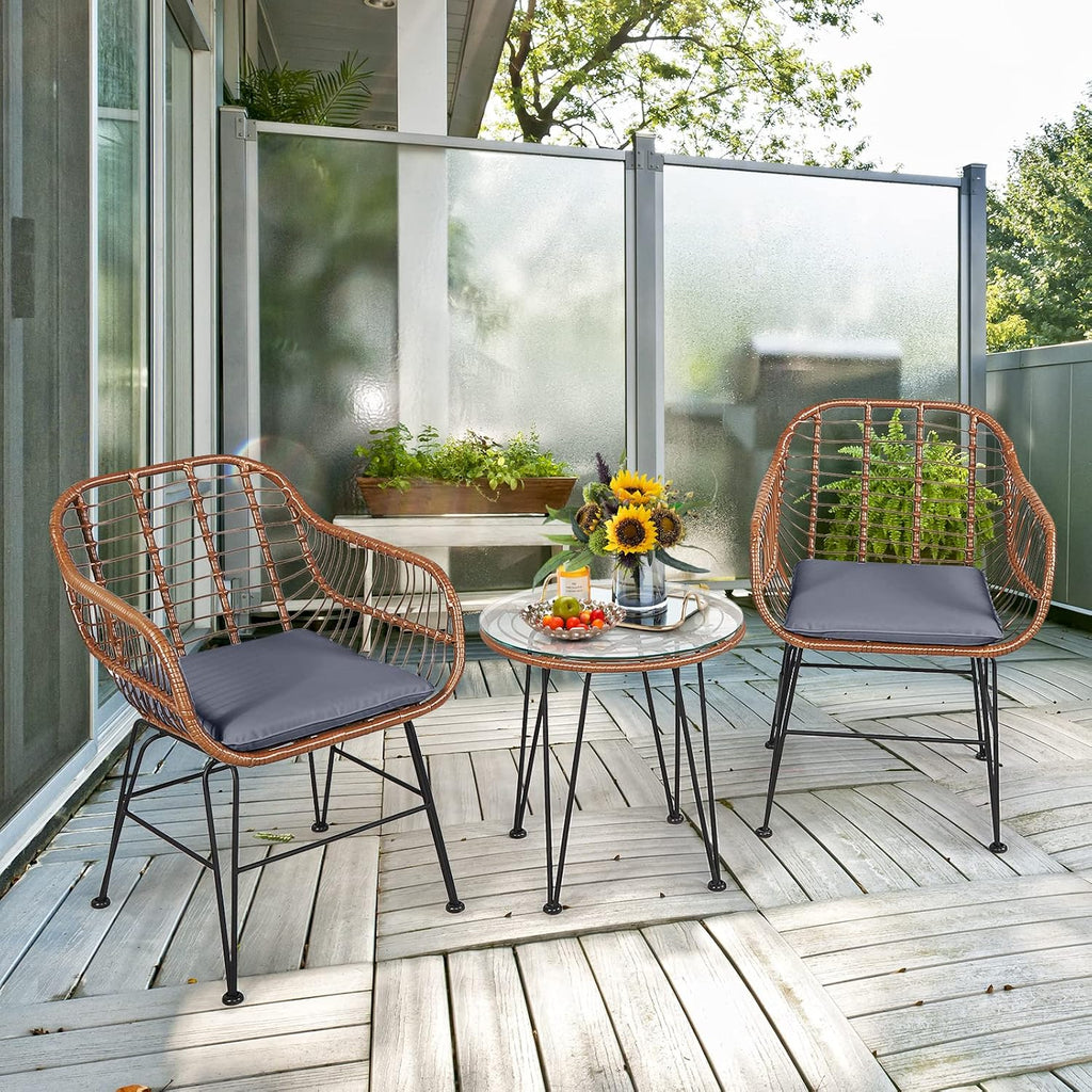 COSTWAY 3 Pieces Patio Bistro Set, Outdoor Rattan Conversation Seating Chair Set with Coffee Table & Soft Cushions, Indoor Wicker Furniture Set for Garden, Balcony, Porch, Pool, Gray