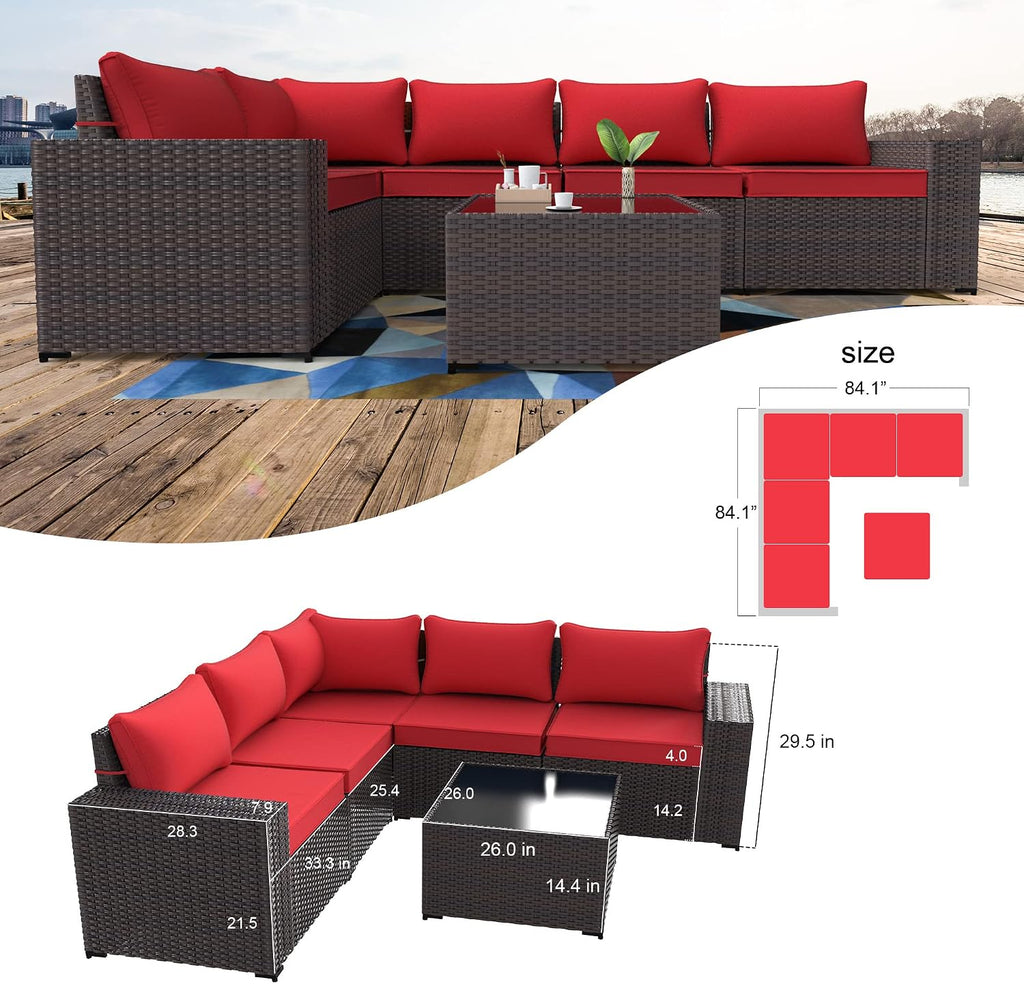Kullavik Outdoor Patio Furniture Set 6 Pieces Sectional Rattan Sofa Set Brown PE Rattan Wicker Patio Conversation Set with 5 Seat Cushions and 1 Tempered Glass Table, Red