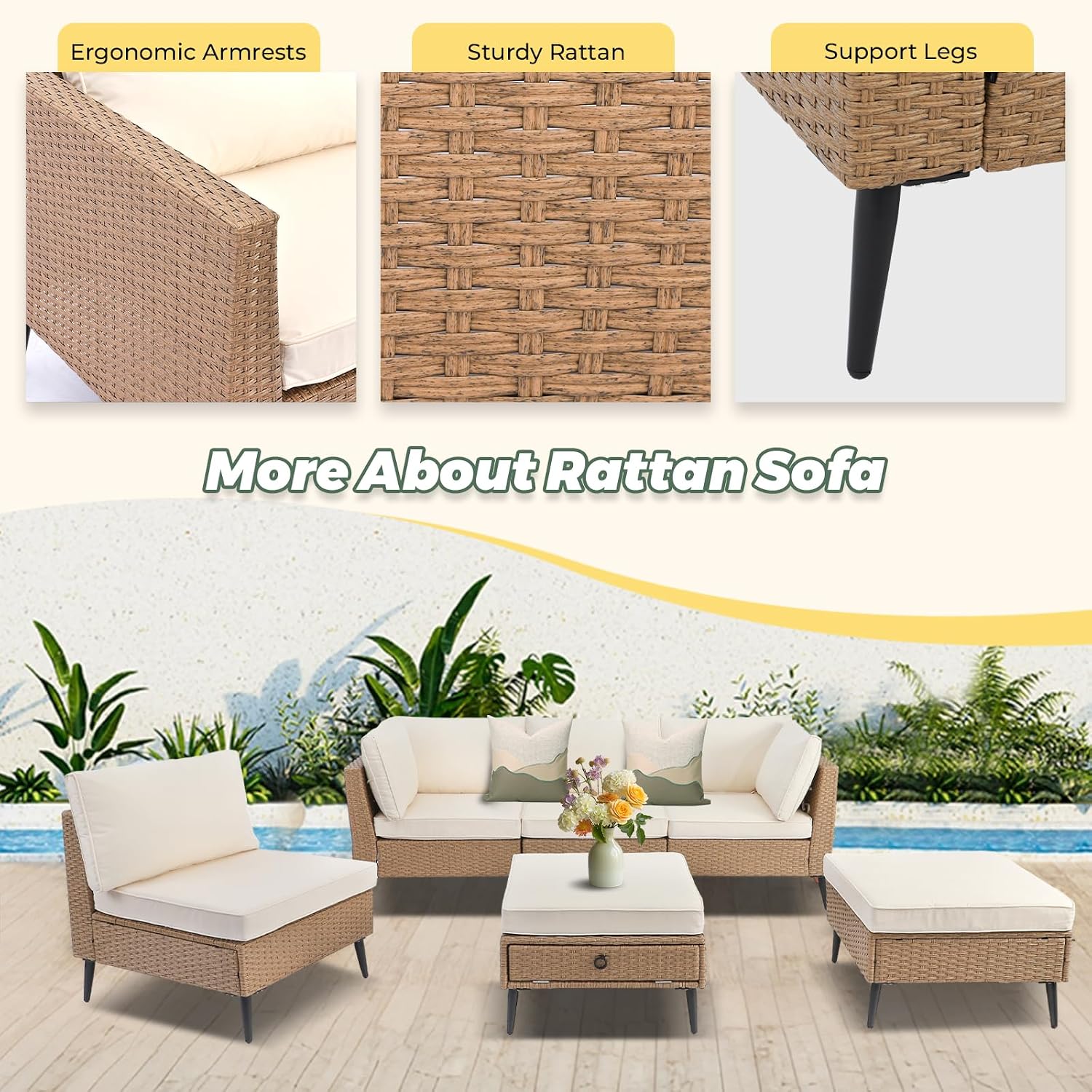 LVUYOYO 6 Pieces Outdoor Patio Furniture Set, Wicker Sectional Sofa Set for All-Weather, Rattan Conversation Sets with Cushions and Storage for Deck, Backyard, Porch (Khaki)