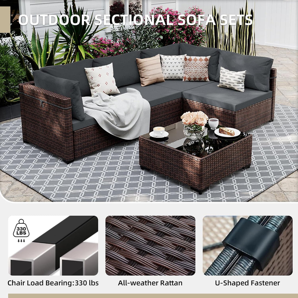 UPHA 5 Pieces Patio Furniture Sets, Wicker Outdoor Sectional Sofa Couch with Coffee Table, Patio Conversation Set for Deck Backyard Garden, Brown Rattan, Dark Gray Cushion