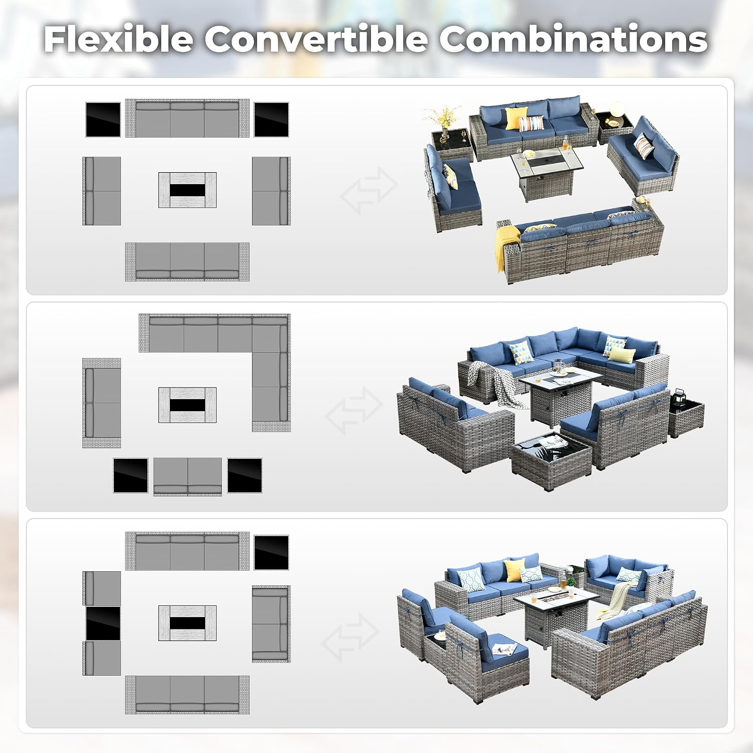 ovios 13 Pieces Patio Furniture Set, Outdoor Wicker Sectional Sofa with 42 Inch Fire Pit Table Comfy Cushions, Modern Modular Deep Seat Rattan Couch Conversation Set, Denim Blue