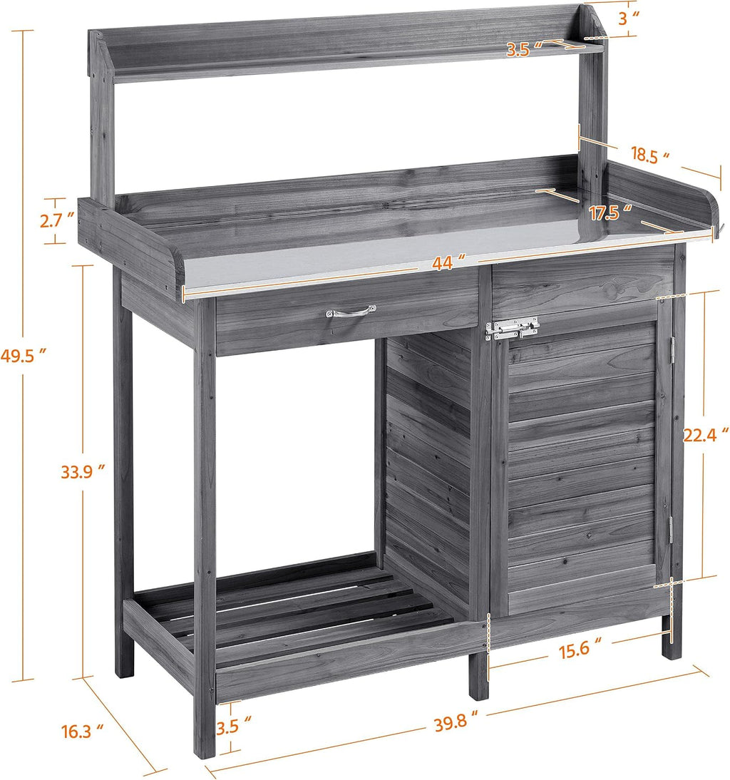 Yaheetech Outdoor Potting Bench Table, Garden Workstation w/Metal Tabletop/Cabinet Drawer/Open Top/Lower Shelf/Handy Hooks for Horticulture,Gray