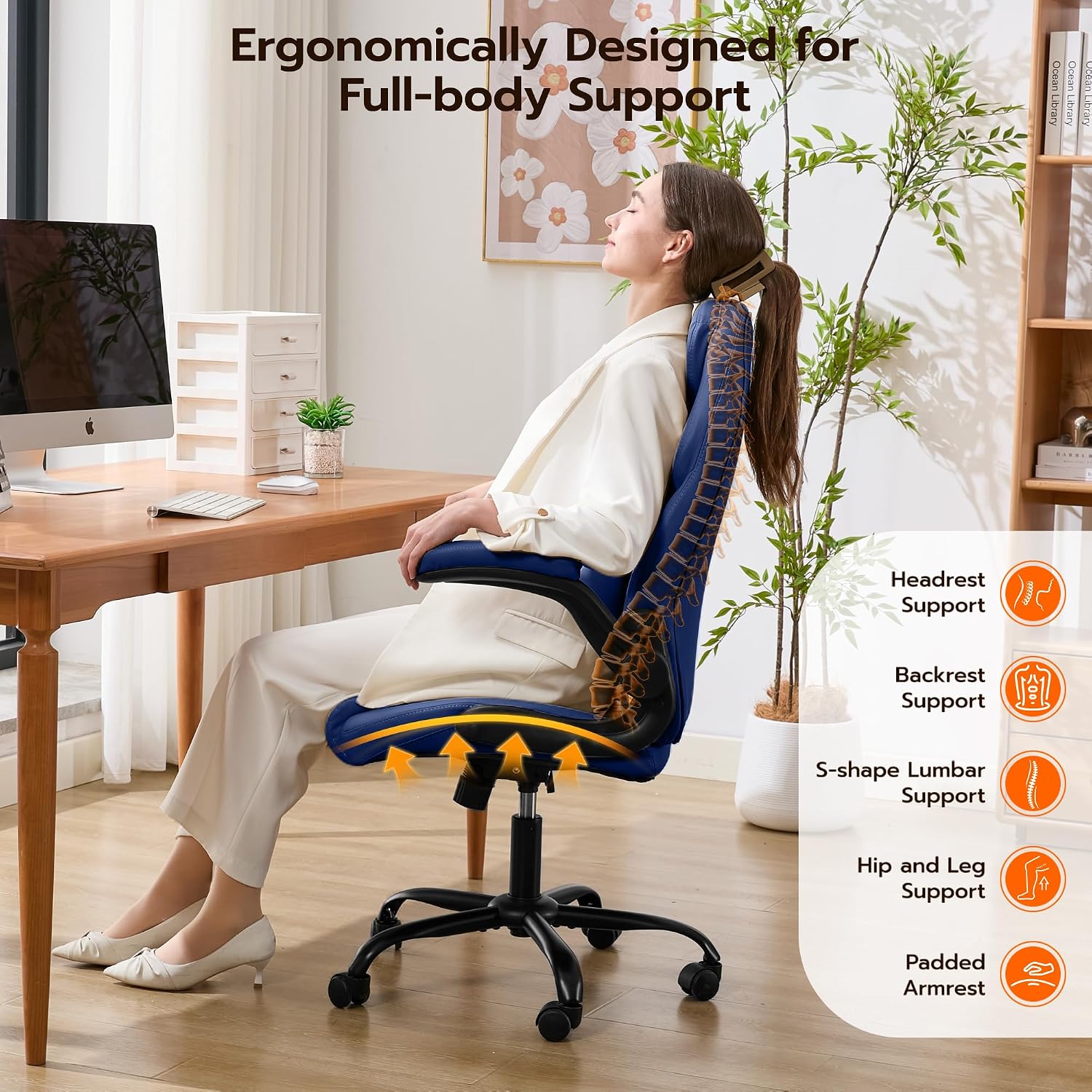 Ylzyxal Office Desk Chair, Ergonomic Computer Chair with Padded Flip-Up Arms and Adjustable Lumbar Support, PU Leather Executive Chair with Tilt Lock and 360° Swivel Rolling Wheels for Work, Study