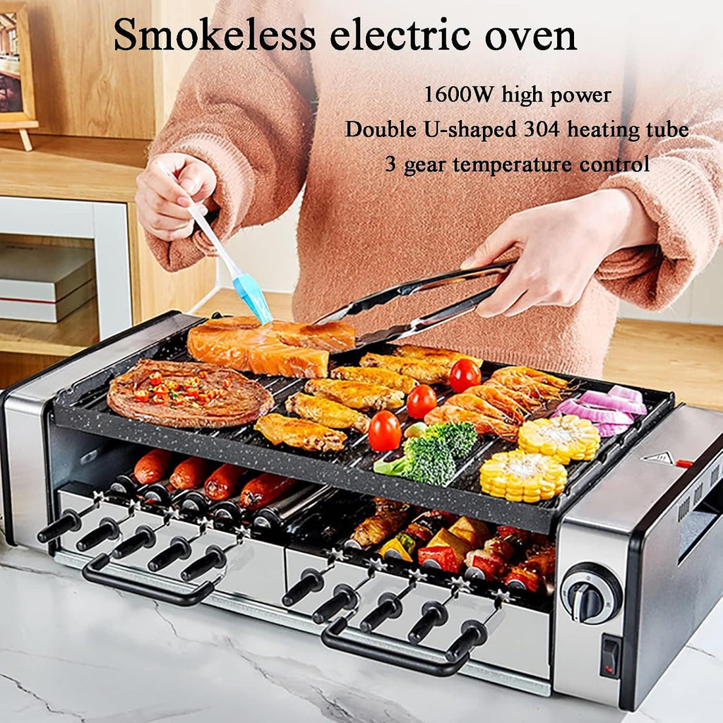 Multifunction Electric Smokeless Barbecue Indoor BBQ, Double Layer Electric Grill, Automatic Rotating 10-pin Skewers Machine, 1600 W Power Knob Control Hot Plate For Kitchen Dinner Party Camping