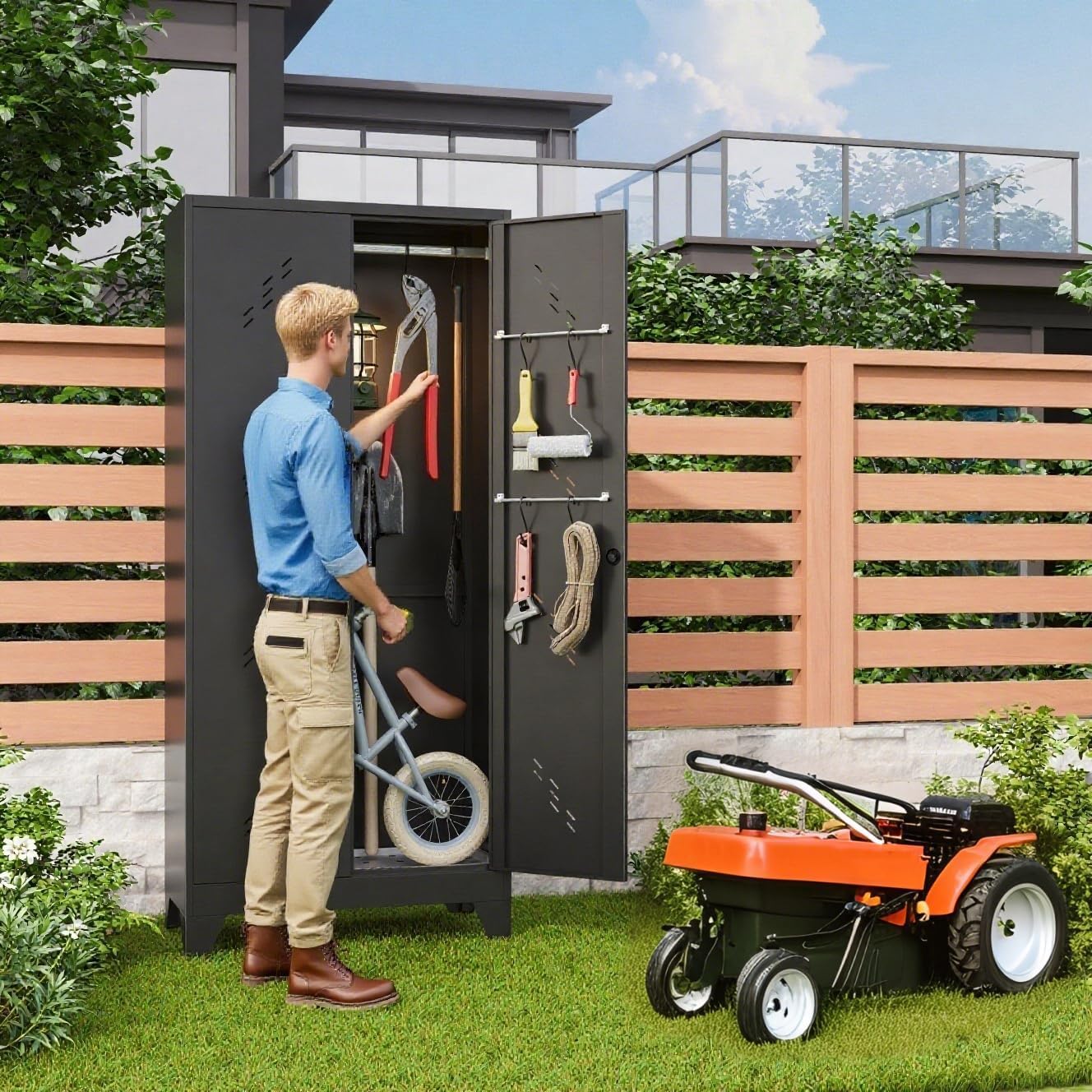 Garage Storage Cabinet 75' H,Tall Storage Shed with Lockable Doors and Stainless Steel Bottom, Black Tools Utility Chests for Office, Garage, Warehouses