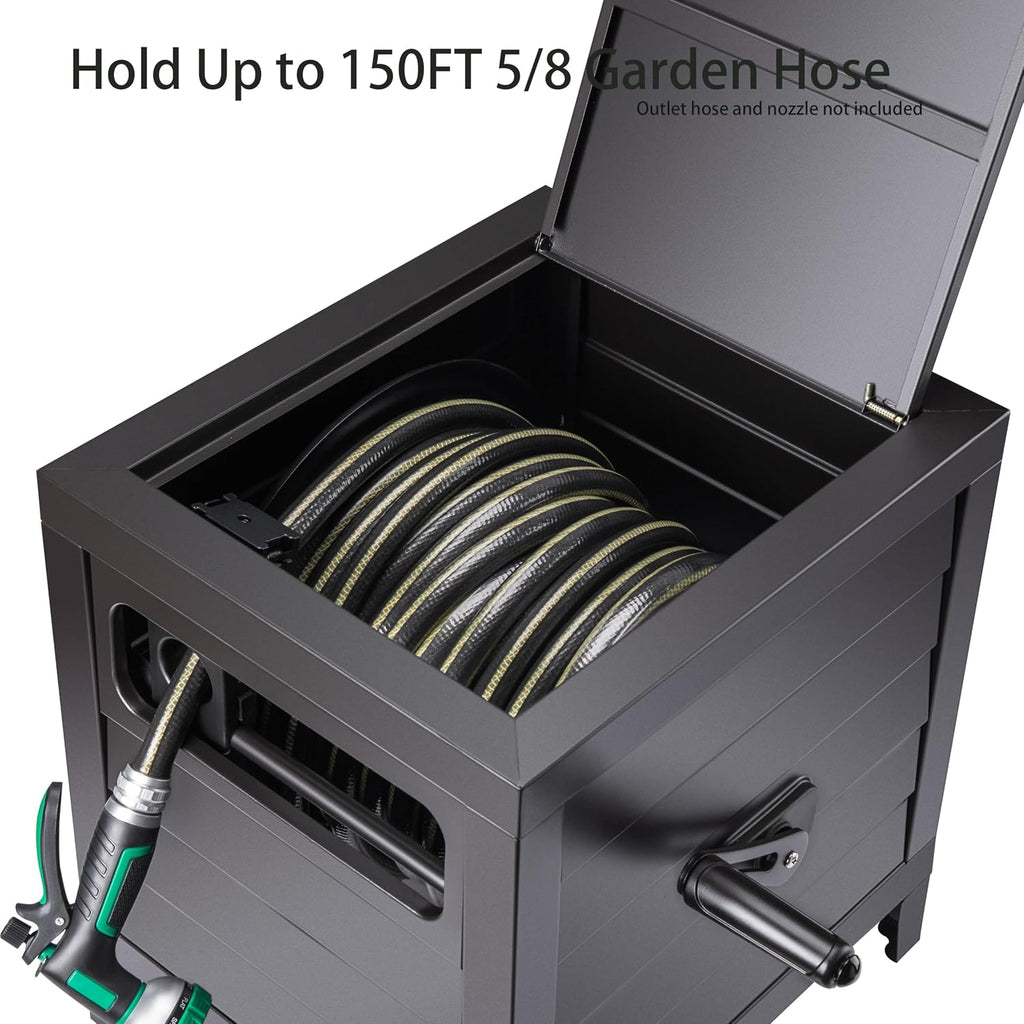 AQUAZILLA Metal Garden Hose Reel Deck box, Durable Steel Garden Hose Storage Box Cabinet, 150ft 5/8' Garden Hose Capacity. - Hose guide Manual Rewind, No-leak aluminum water connections