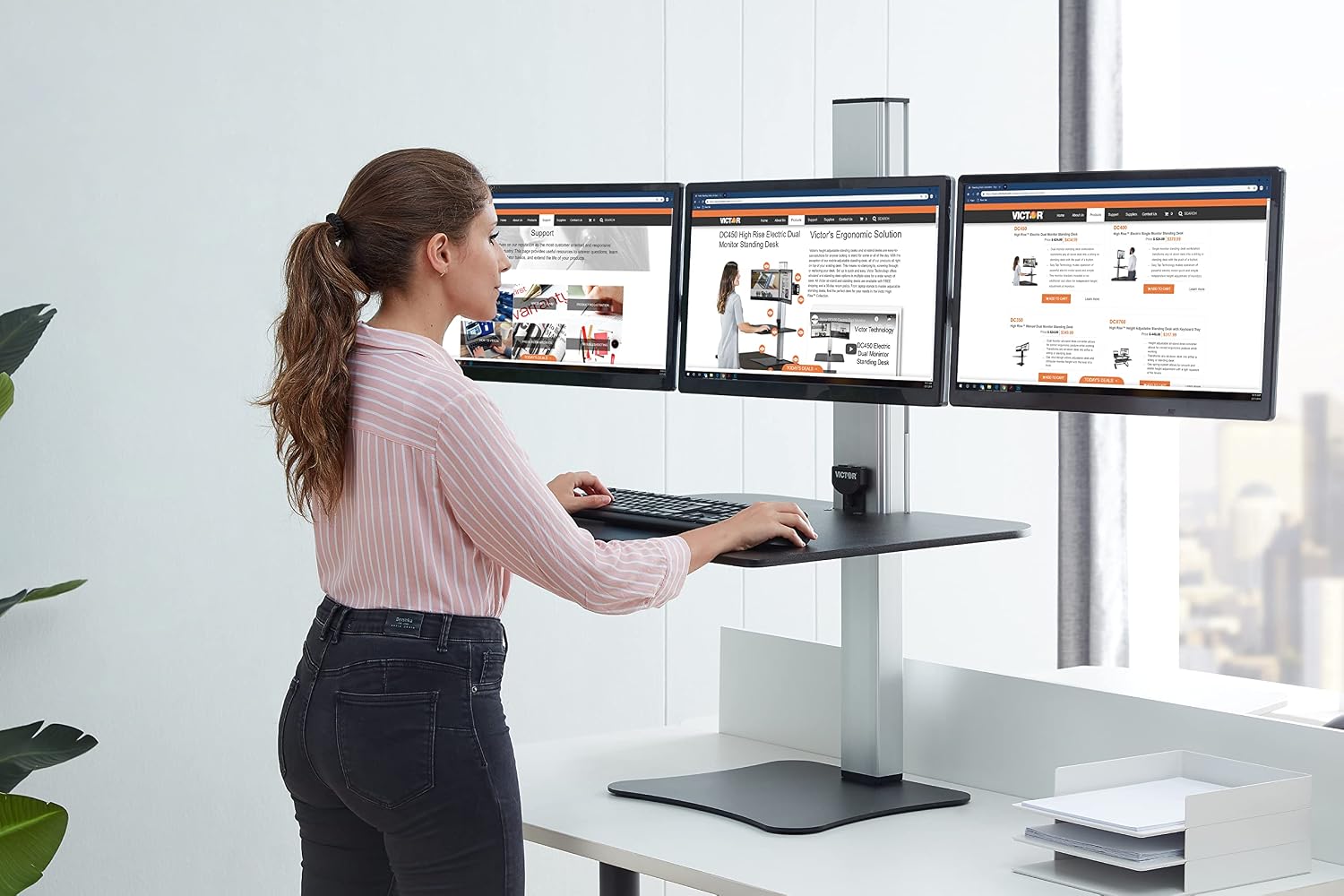 Victor DC475 High Rise Electric Triple Monitor Standing Desk Converter | Three Large Monitor Sit-Stand Desk | 28' Wide Work Surface | Compatible with Any Standard Desk | Adjustable Monitor Holder