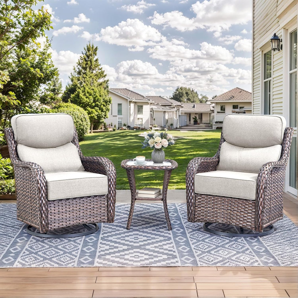 HUMMUH 3PCS Patio Furniture Set with 6-inch Thick Cushion, High Back Outdoor Swivel Rocker Patio Chairs, Wicker Conversation Set for Porch Deck and Poolside(V3)