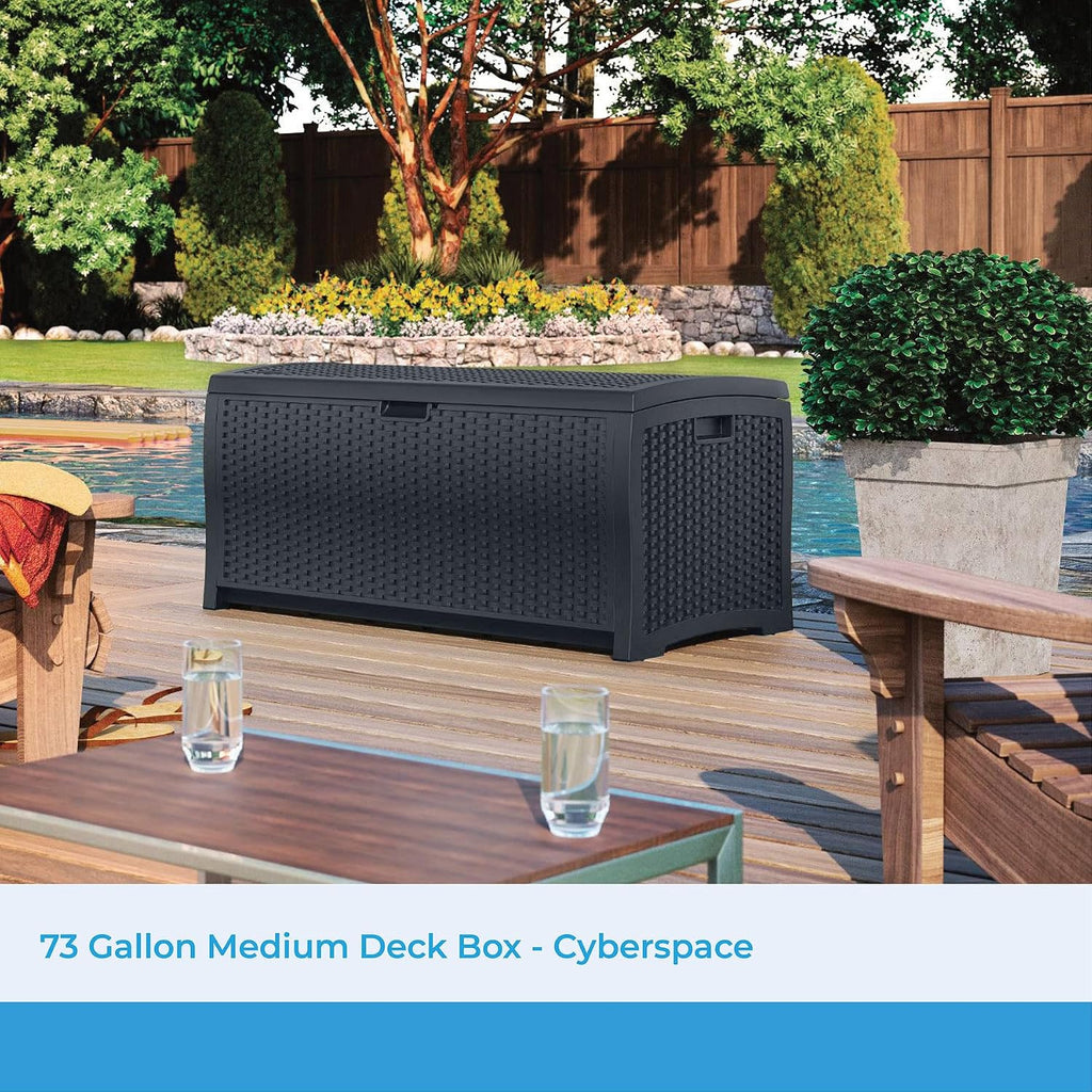 Suncast Outdoor Storage Box - 73 Gallon Cyberspace Resin Wicker Deck Box with Lockable Lid, Outdoor Storage Bin for Patio Cushions, Shoes, Pool & Garden Gear, Made in USA