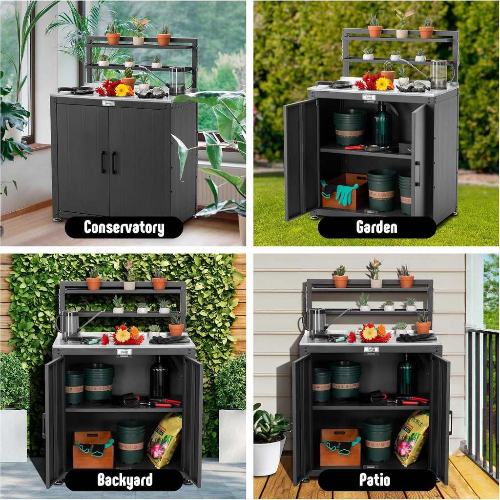 Feasto Garden Potting Bench with Storage Cabinet,Outdoor Gardening Table & Work Bench for Plants, Horticulture,Outdoor Workstation with Stainless Steel Tabletop,Outdoor Work Table with Elevated Rack