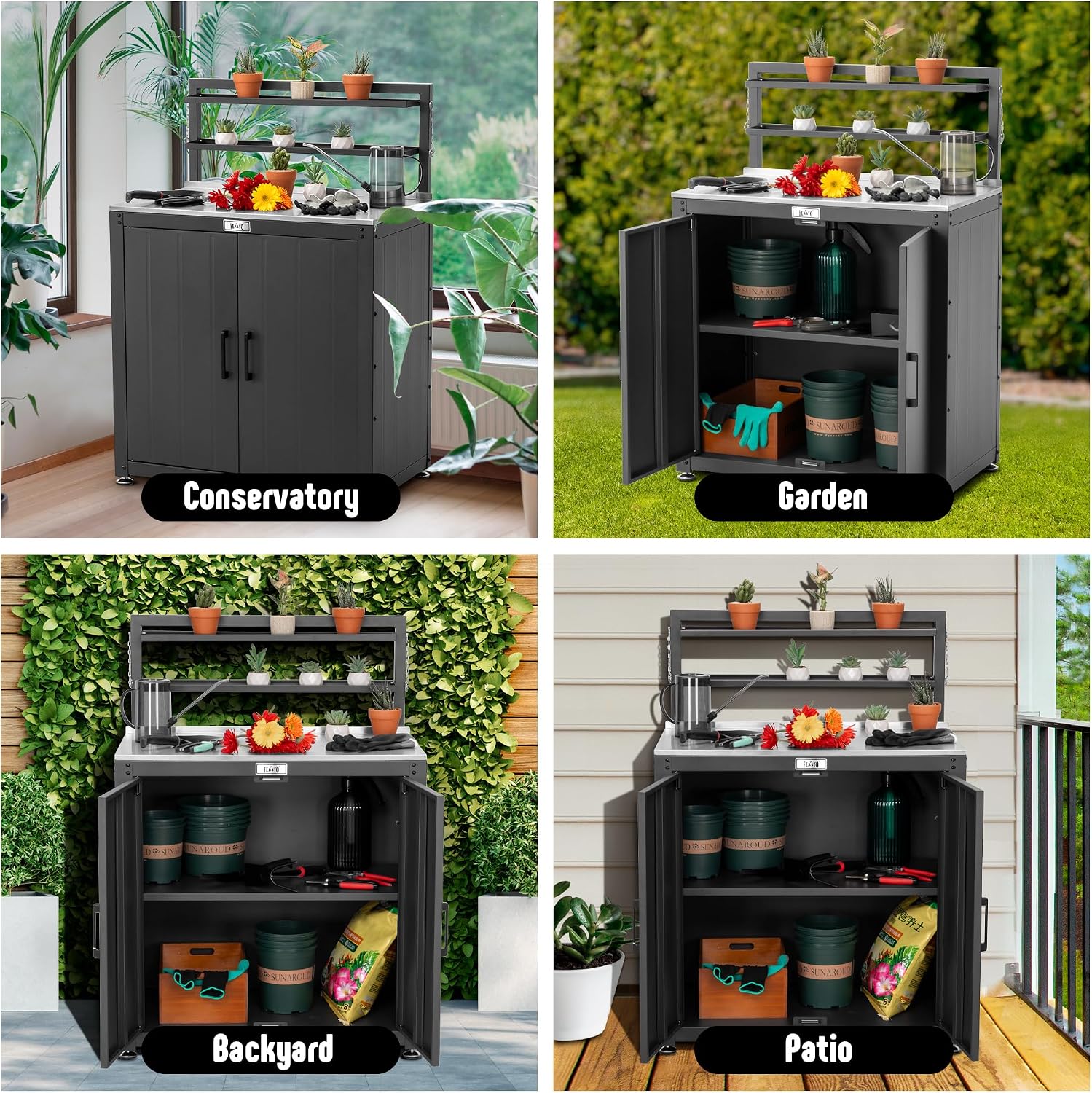 Feasto Garden Potting Bench with Storage Cabinet,Outdoor Gardening Table & Work Bench for Plants, Horticulture,Outdoor Workstation with Stainless Steel Tabletop,Outdoor Work Table with Elevated Rack